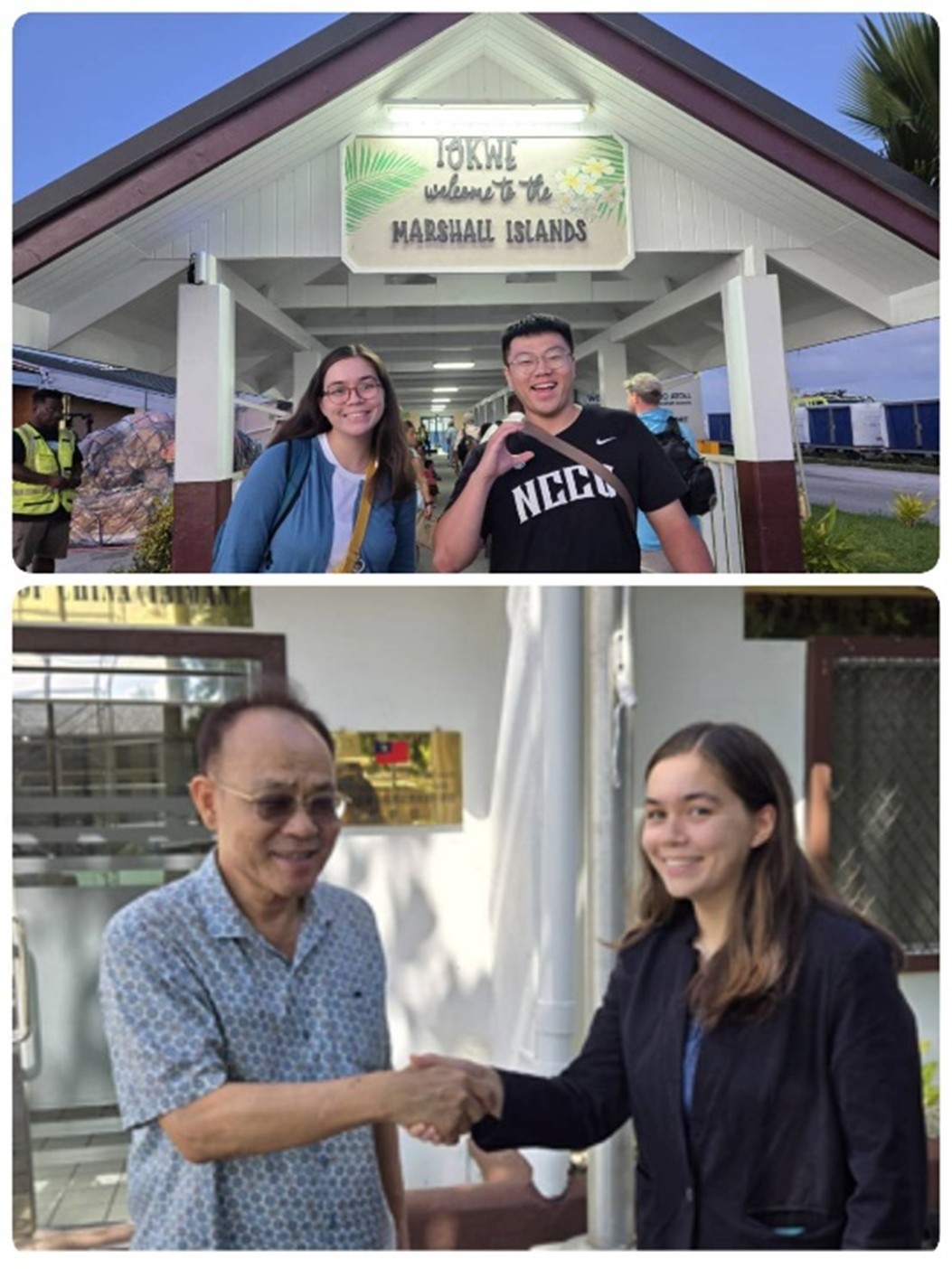 Catherine Tadlock and fellow participant Jack Liu were welcomed by Minister H. C. Liu upon their arrival in the Marshall Islands.